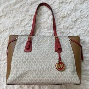 Michael Kors Voyager Medium Crossgrain Leather Tote Bag Purse Shoulder Red Brown